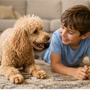 Miniature poodle and child