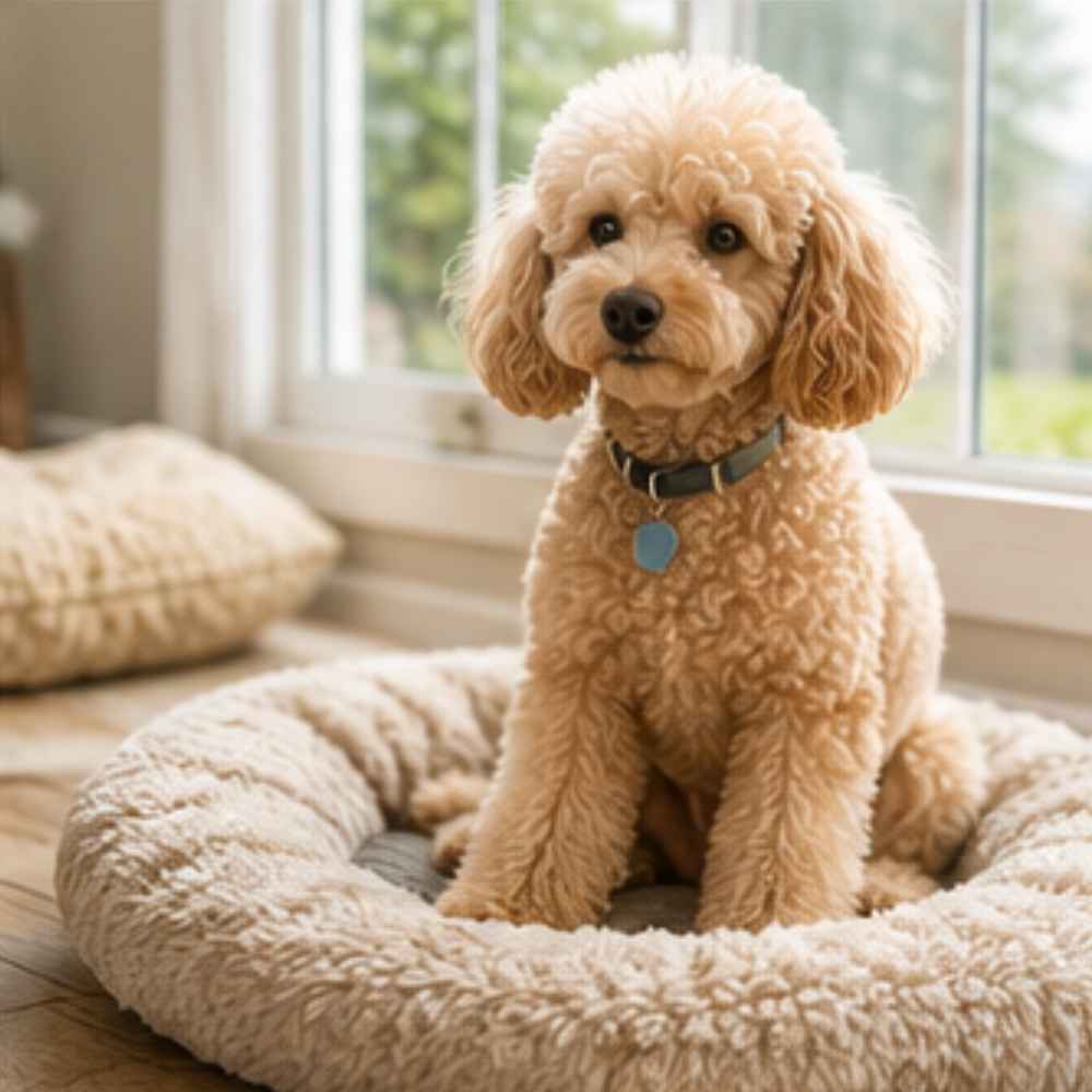 Miniature poodle in bed