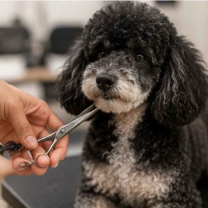 Grooming a miniature poodle