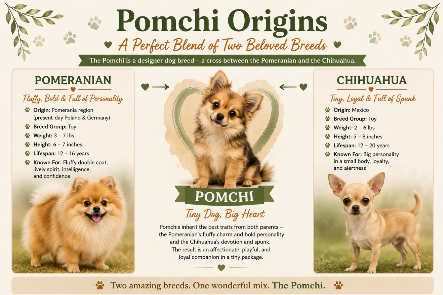 Pomchi origins showing parent breeds, chihuahua and pomeranian