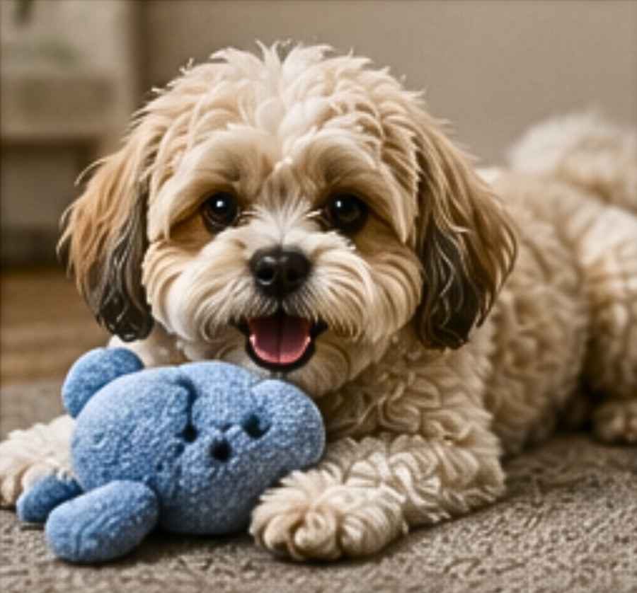 Shih poo dogs with toy