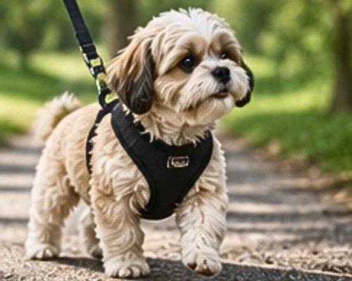 Shipoo walking on leash