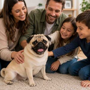 Pug enjoying time with a family