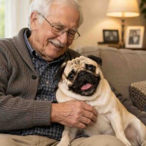 Senior enjoying time with a Pug companion