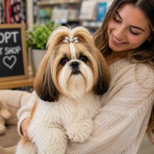 Shih Tzu dog being cuddled by a young woman