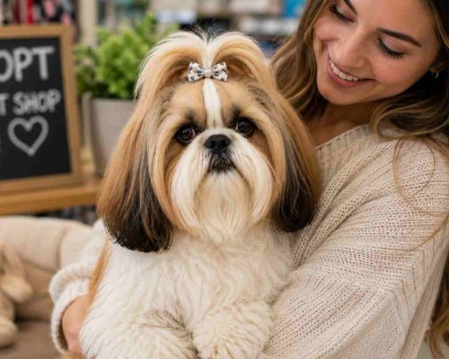 Shih Tzu dog being cuddled by a young woman