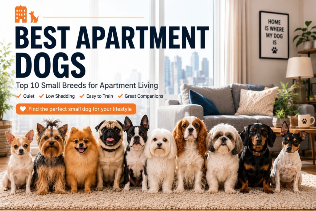 Best small dog breeds for apartment living including Chihuahua, Yorkshire Terrier, Pomeranian, Pug, Boston Terrier, Maltese, Cavalier King Charles Spaniel, Shih Tzu, Dachshund and Rat Terrier.