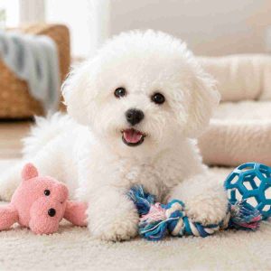 Bichon Frise puppy playing with some colorful toys