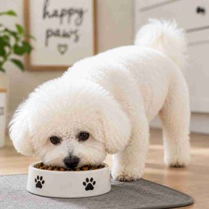Bichon frise eating kibble