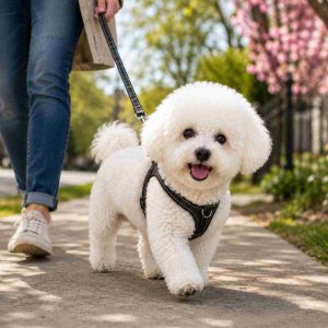 Bichon frise on a walk