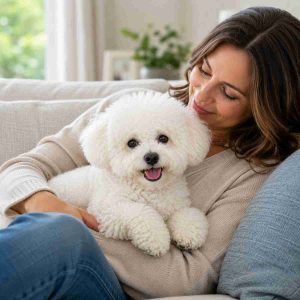 Bichon frise on owner's lap
