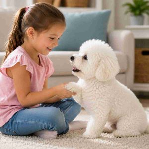 Bichon frise learning a trick