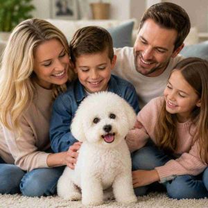 Bichon frise with family