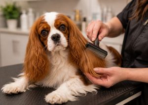 Cavalier King Charles Spaniel being groomed