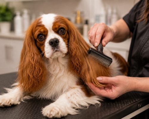 Cavalier King Charles Spaniel being groomed