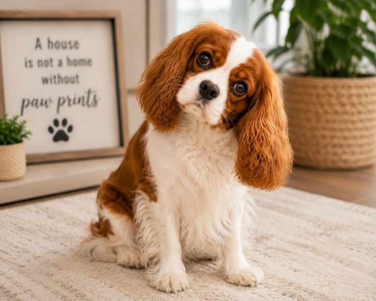 Cavalier King Charles Spaniel dog with puzzled expression, head tilted to one side.
