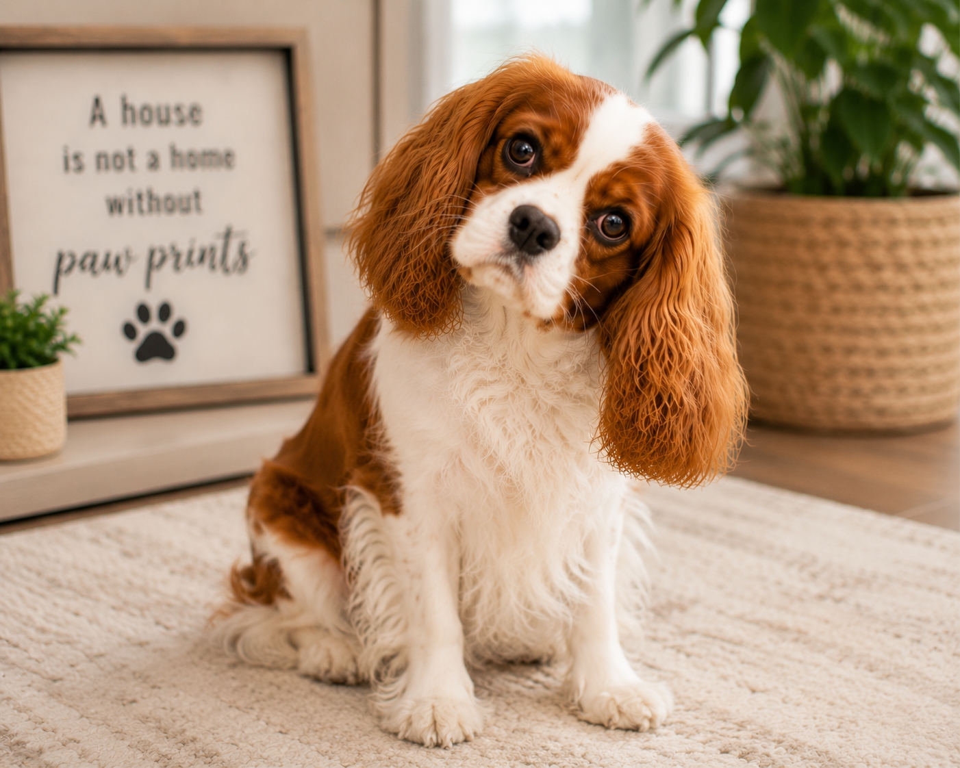 Cavalier King Charles Spaniel dog with puzzled expression, head tilted to one side.
