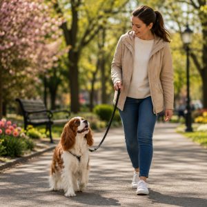 Blenheim Cavalier King Charles Spaniel going for a walk