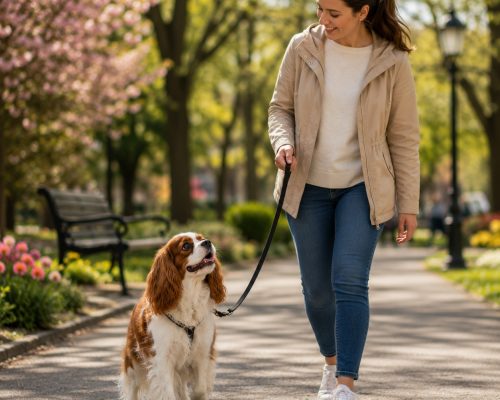 Blenheim Cavalier King Charles Spaniel going for a walk