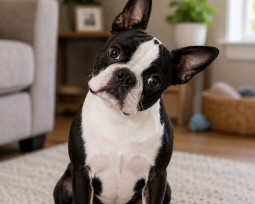 Boston Terrier with a puzzled look on its face, head tilted to one side
