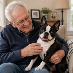 Senior enjoying time with a Boston Terrier companion