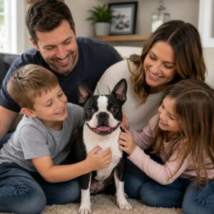 Boston Terrier enjoying time with a family