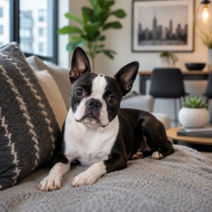 Boston Terrier relaxing comfortably in an apartment living room