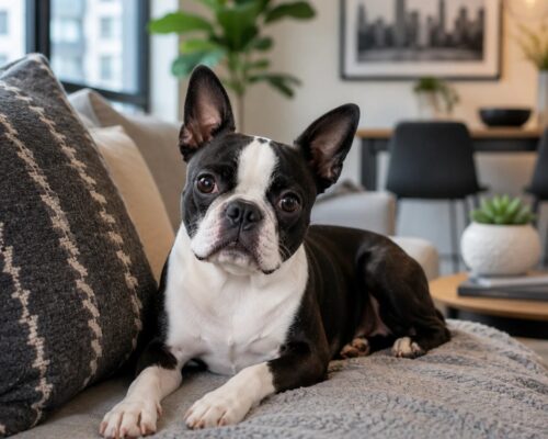 Boston Terrier relaxing comfortably in an apartment living room