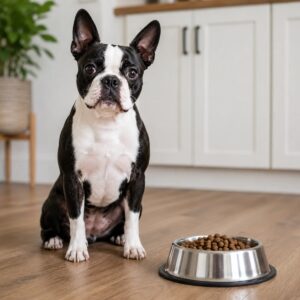 Boston Terrier sitting patiently beside food bowl