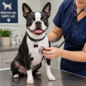 Healthy Boston Terrier at veterinary examination