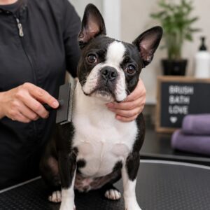 Boston Terrier being groomed
