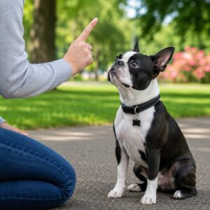 Boston Terrier learning a training command