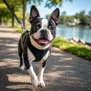 Boston Terrier enjoying a walk outdoors