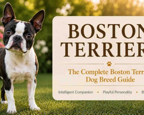 Boston Terrier dog standing beside a sign that reads boston terriers, the complete dog breed guide