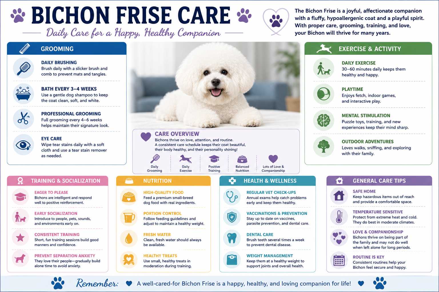 Bichon Frise Care Guide infographic covering daily care, exercise, feeding, grooming, training, health care, mental enrichment, and routine wellness needs.