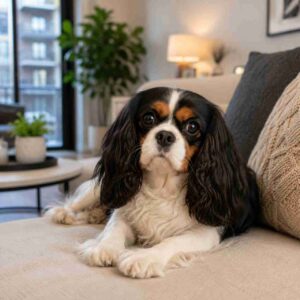 Cavalier King Charles Spaniel resting comfortably in an apartment living room