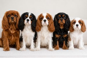 Photo of a group of Cavalier King Charles Spaniel dogs showing the various color variations including Blenheim, Ruby, tricolor, black and tan
