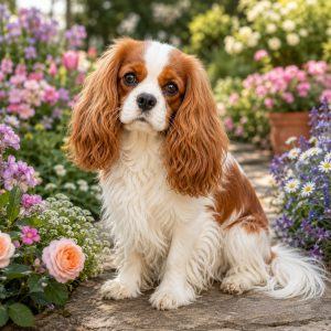 Blenheim Cavalier King Charles Spaniel dog in garden
