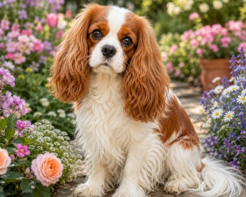 Blenheim Cavalier King Charles Spaniel dog in garden