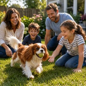 Cavalier King Charles Spaniel dog playing with his family