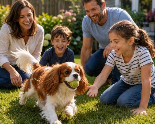 Cavalier King Charles Spaniel dog playing with his family