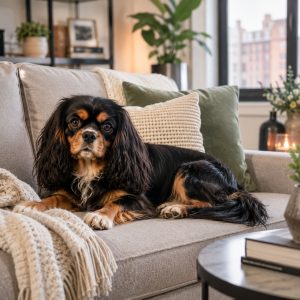 A black and tan Cavalier King Charles Spaniel resting comfortably in an apartment.