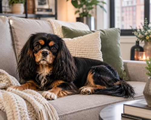 A black and tan Cavalier King Charles Spaniel resting comfortably in an apartment.