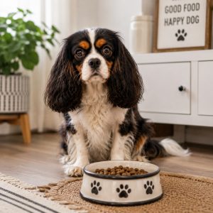 A Cavalier King Charles Spaniel sits in front of his dog food bowl