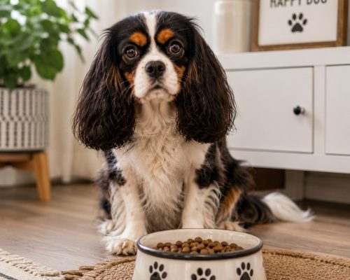 A Cavalier King Charles Spaniel sits in front of his dog food bowl