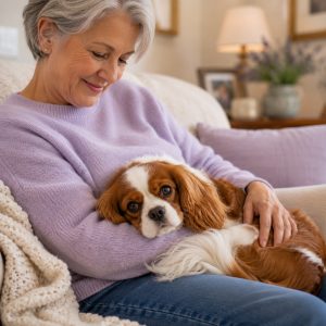 Senior citizen with a Cavalier King Charles Spaniel dog in her lap, enjoying cuddles.
