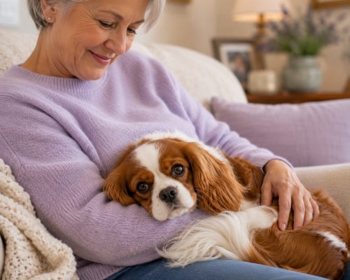 Senior citizen with a Cavalier King Charles Spaniel dog in her lap, enjoying cuddles.