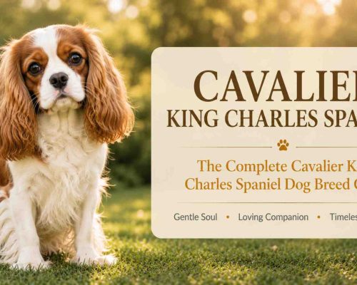 Cavalier dog standing beside a sign that reads cavalier king charles spaniels, the complete cavalier king charles spaniel dog breed guide