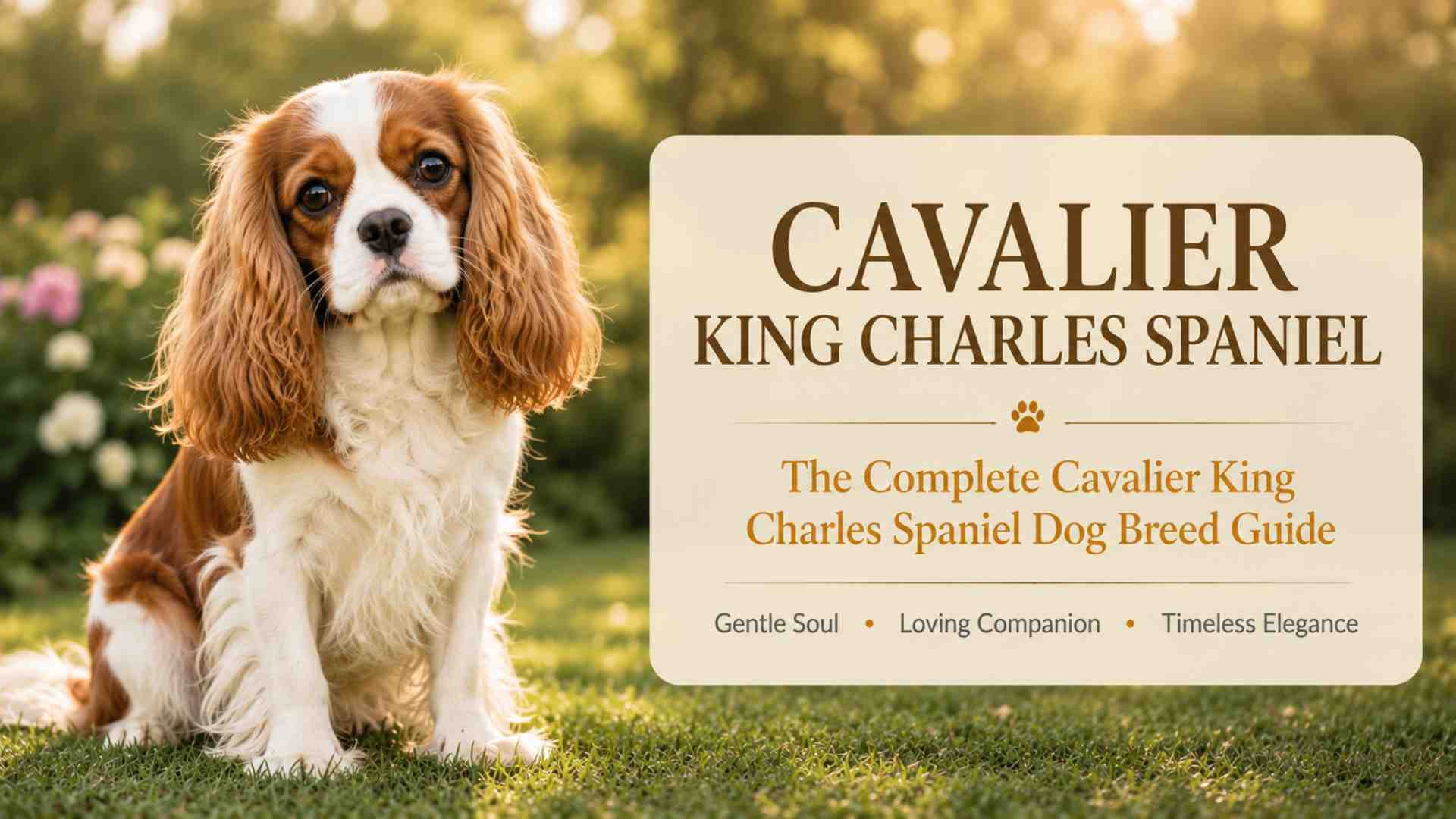Cavalier King Charles Spaniel standing beside a sign reading 'Cavalier King Charles Spaniels – The Complete Breed Guide'