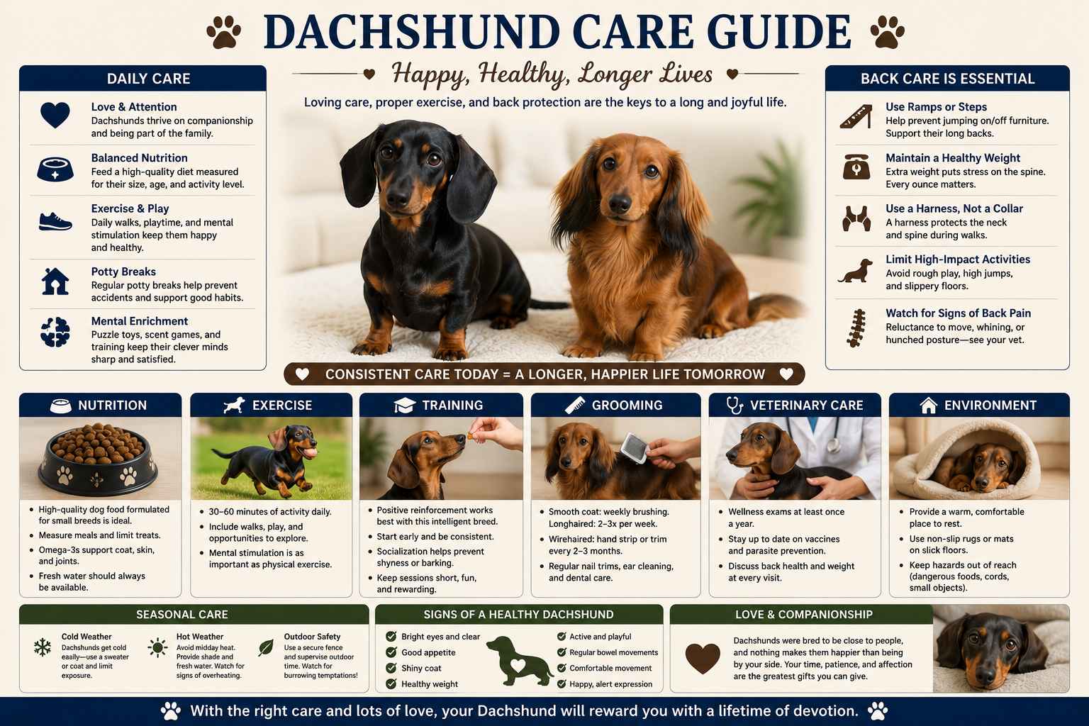 Dachshund Care Guide infographic with essential tips on exercise, grooming, nutrition, training, and back health